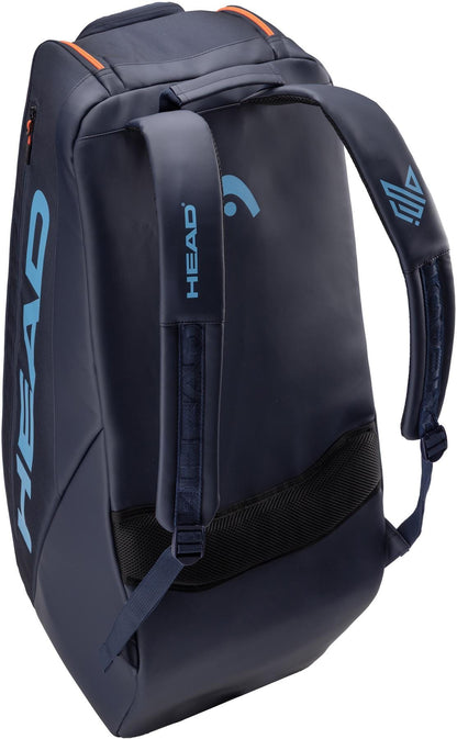 The HEAD Pro 9 Racket Tennis Bag L - Navy by HEAD offers padded shoulder straps, climate control, and light blue branding—ideal for sports or travel.