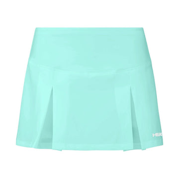 Elevate your comfort and performance with the HEAD Dynamic Women's Tennis Skort in turquoise. This skort features 4-way stretch fabric to enhance ease of movement, complemented by two front pleats and a small white logo on the lower right side. Its innovative moisture-wicking microfiber properties ensure you stay stylish and dry on the court.