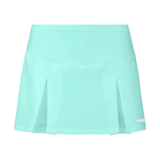 Elevate your comfort and performance with the HEAD Dynamic Women's Tennis Skort in turquoise. This skort features 4-way stretch fabric to enhance ease of movement, complemented by two front pleats and a small white logo on the lower right side. Its innovative moisture-wicking microfiber properties ensure you stay stylish and dry on the court.