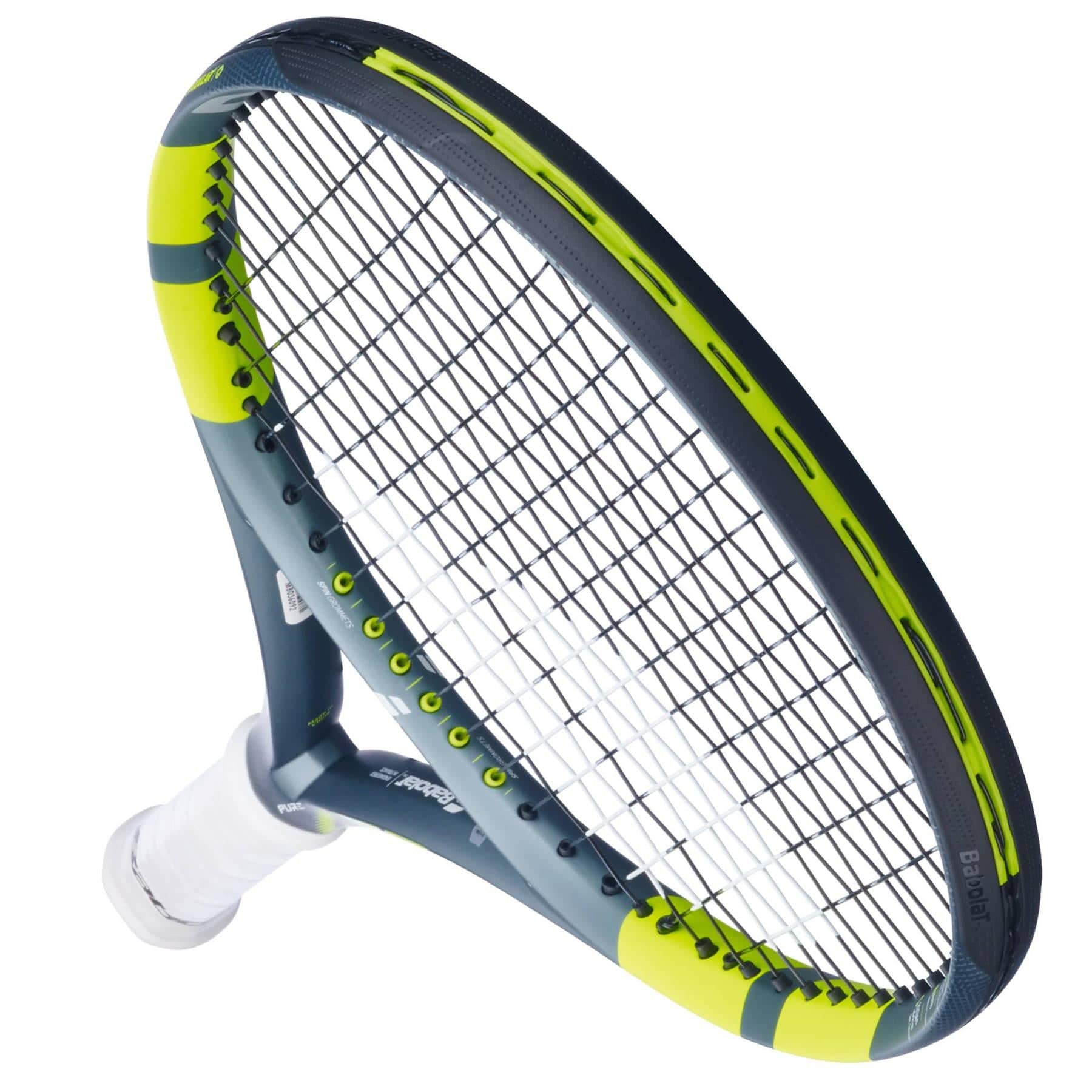 A close-up of the Babolat Pure Aero Junior 26 Tennis Racket 2026 by Babolat, featuring a blue and neon yellow frame, white grip, and advanced spin technology against a white background.