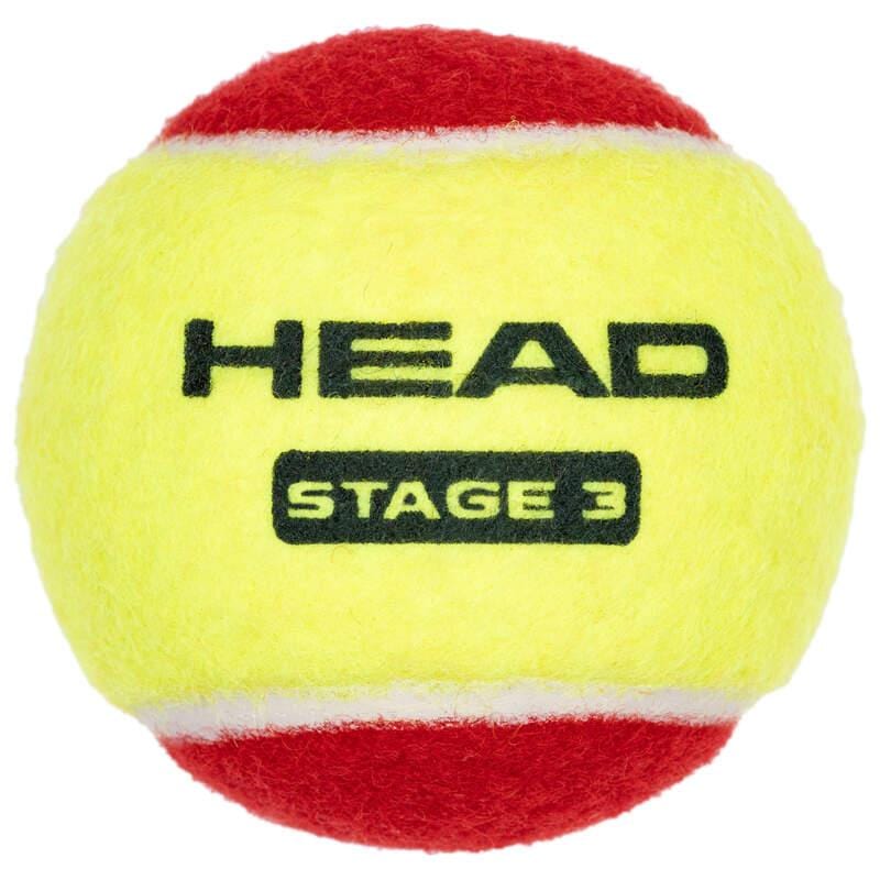 The HEAD 3B Stage 3 Tennis Balls - Red, from HEAD, are yellow and red with "HEAD" and "STAGE 3" printed in black—ideal as beginner or kids' tennis balls.