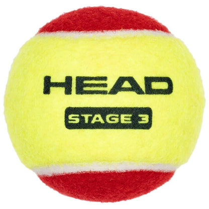 The HEAD 3B Stage 3 Tennis Balls - Red, from HEAD, are yellow and red with "HEAD" and "STAGE 3" printed in black—ideal as beginner or kids' tennis balls.