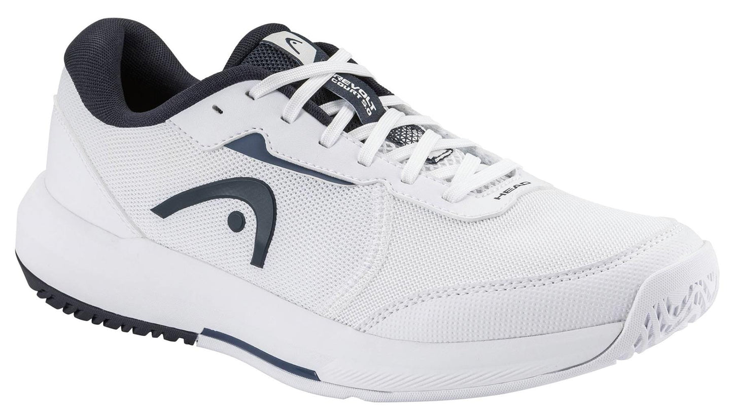The HEAD Revolt Court 5.0 Men’s Tennis Shoes in White/Blueberry combine mesh and synthetic materials, white laces, and a textured sole—ideal for comfort and style during tennis matches or everyday wear.