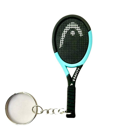 The HEAD Gravity 2026 Tennis Racket Keyring by HEAD features a miniature racket keychain with a black and turquoise frame, black handle, silver keyring on a short chain, and sleek white strings.