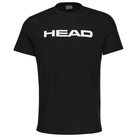 The HEAD Club Basic Mens Tennis T-Shirt - Black, by HEAD, offers a sporty look with its bold "HEAD" print across the chest. Crafted from a comfortable blend of polyester and cotton, this T-shirt features a classic crew neck and short sleeves, ideal for both on-court and off-court activities.