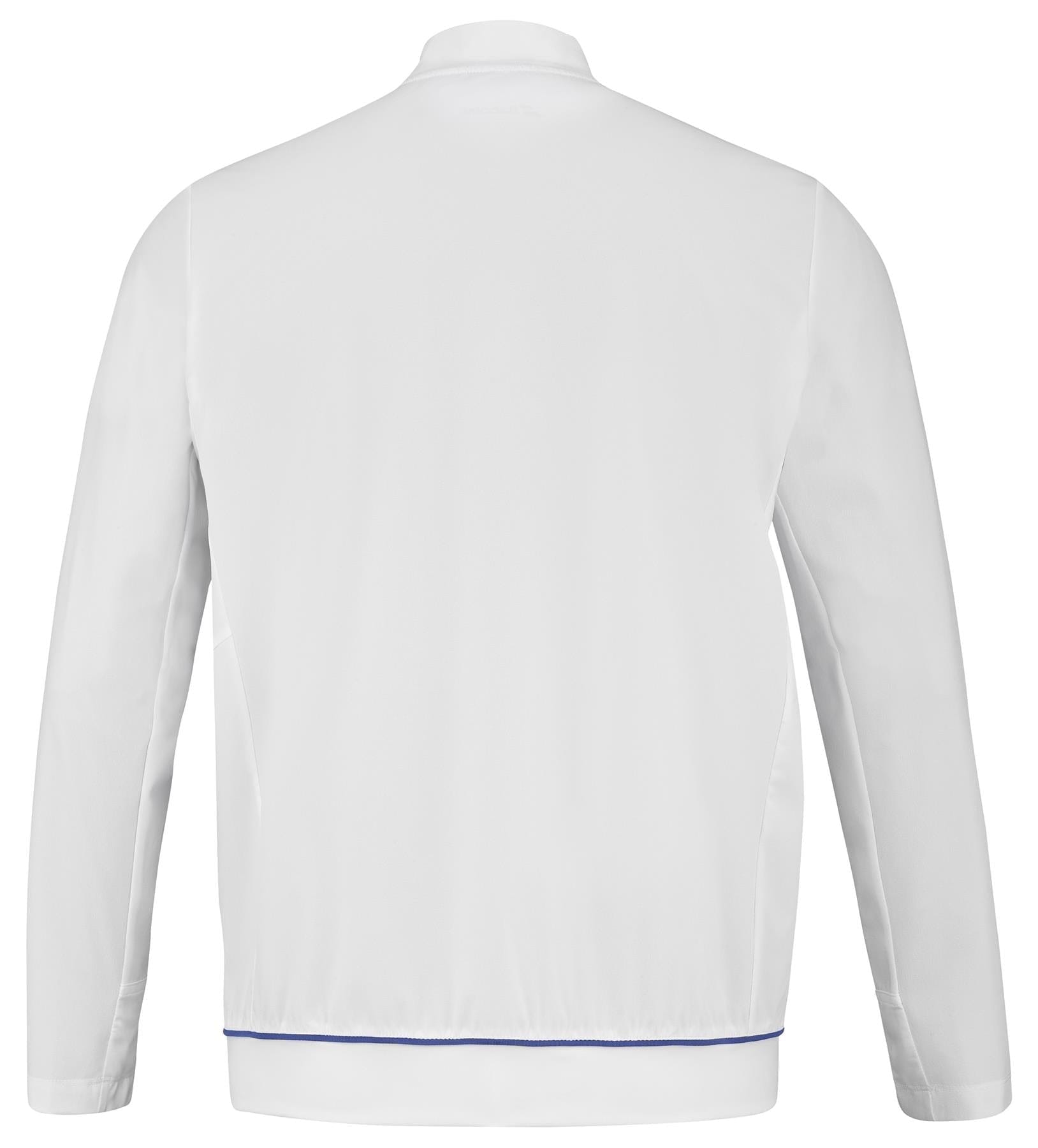 The Babolat Play Men's Tennis Jacket in white showcases a sleek back view with long sleeves and a delicate blue trim at the bottom hem. Made from recycled polyester, it incorporates Fiber Dry technology, ensuring comfort and style on and off the court.