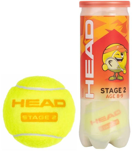 A can of HEAD 3B Stage 2 Tennis Balls - Orange, designed for ages 8-9, with an orange label and cartoon tennis ball character next to a close-up of a yellow kids’ ball marked "HEAD STAGE 2".