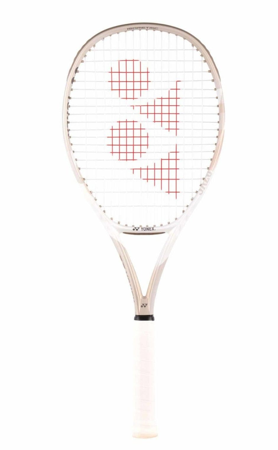 The Yonex VCORE Feel Tennis Racket in Sand Beige features a red logo on the strings, a white handle, and "Yonex" branding. Displayed on a plain white background, this racket utilizes ISOMETRIC technology for better precision and control.