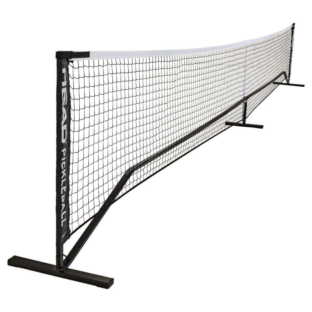 The HEAD Portable Pickleball Net, featuring a black net with a white top band, sturdy powder-coated steel posts, and "HEAD PICKLEBALL" branding, is the ideal portable net system for games anywhere.