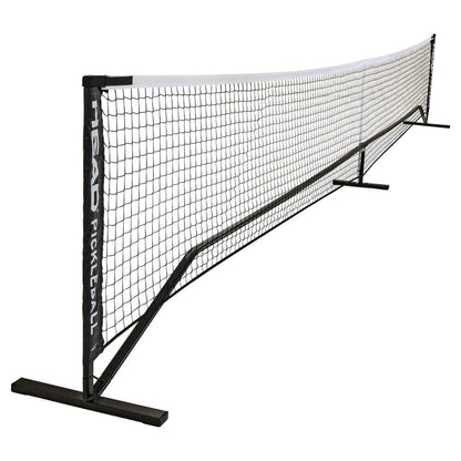 The HEAD Portable Pickleball Net, featuring a black net with a white top band, sturdy powder-coated steel posts, and "HEAD PICKLEBALL" branding, is the ideal portable net system for games anywhere.