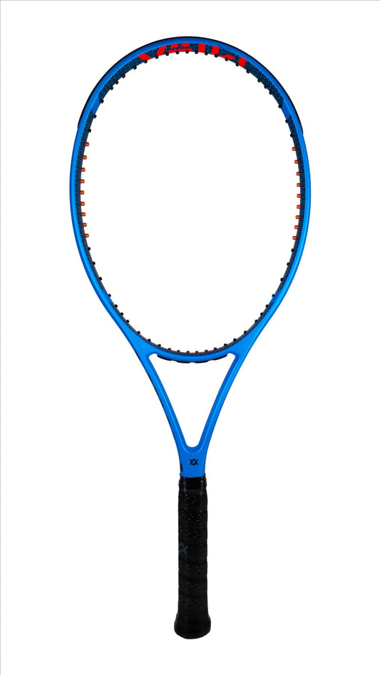 The Volkl V-Cell 5 Tennis Racket by Volkl is a blue and red lightweight racket characterized by its circular frame. Its handle is wrapped in black grip tape, highlighting the design and structure against a clean white background with the strings intentionally absent.