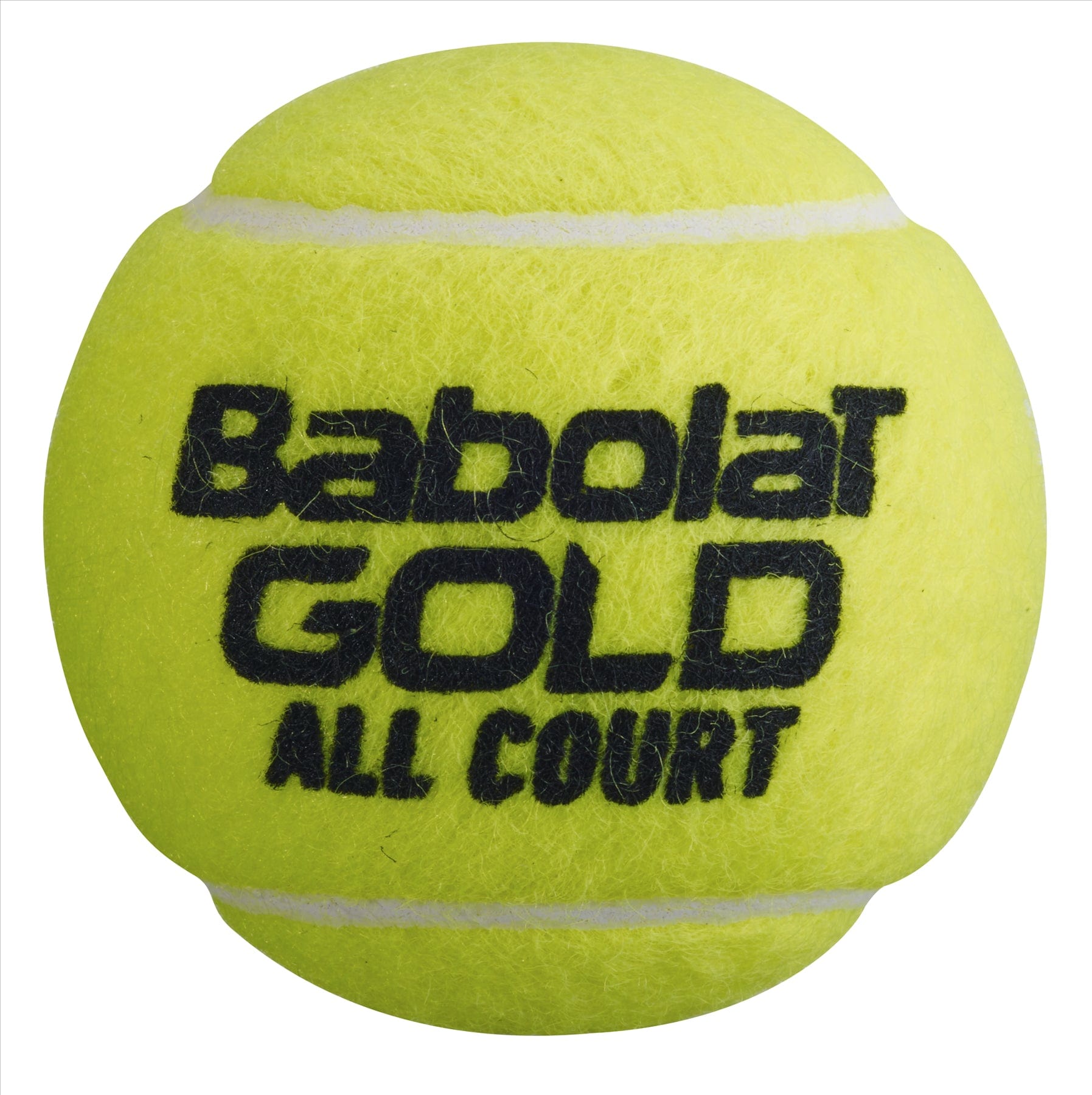 A close-up image of a Babolat EVO Gold All Court Tennis Ball from the 4 Ball Tube highlights its vibrant yellow color, black text, and distinct white stripe accentuating its all court design.