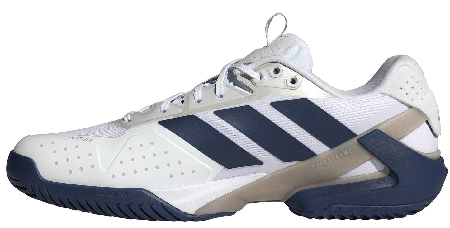 The adidas ADIZERO Ubersonic 5 Men's Tennis Shoes in white and navy feature three dark blue stripes, perforated details, and a textured sole—ideal for peak performance on the court or during training.