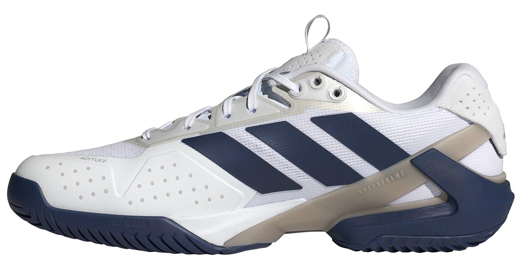 The adidas ADIZERO Ubersonic 5 Men's Tennis Shoes in white and navy feature three dark blue stripes, perforated details, and a textured sole—ideal for peak performance on the court or during training.