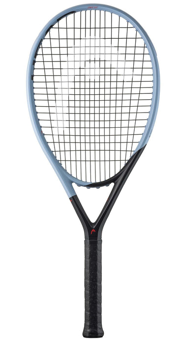 The HEAD Instinct PWR 2025 Tennis Racket by HEAD features a blue and black frame, black grip, black strings, and teardrop-shaped head. Lightweight and ideal for intermediate club players, it’s shown upright against a white background.