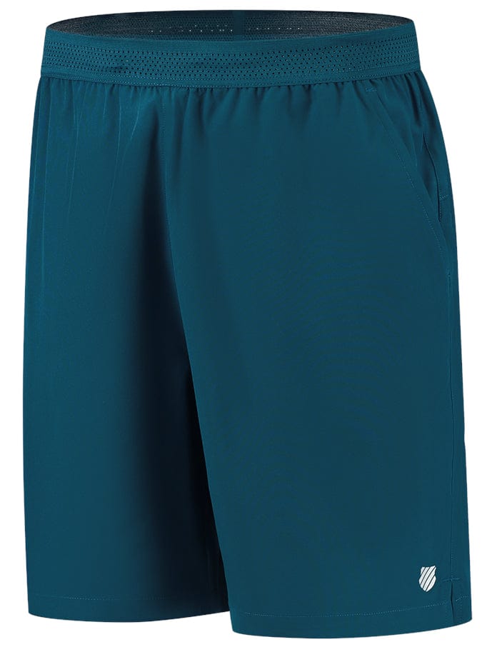 A pair of blue opal men's tennis shorts by K-Swiss, featuring an elastic waistband and a discreet white logo near the hem. The K-Swiss Hypercourt 8 Inch Shorts include side pockets and a mesh lining for enhanced breathability.