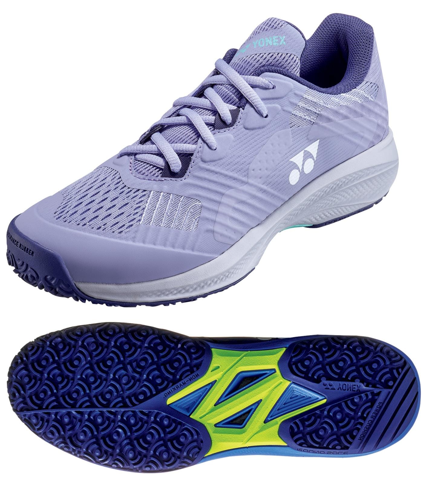 The Yonex Power Cushion Sonicage 2025 Clay Women's Tennis Shoes in Mist Purple feature a lightweight mesh upper, white and aqua accents, purple laces, and a patterned sole with blue and yellow details for superior clay court grip.