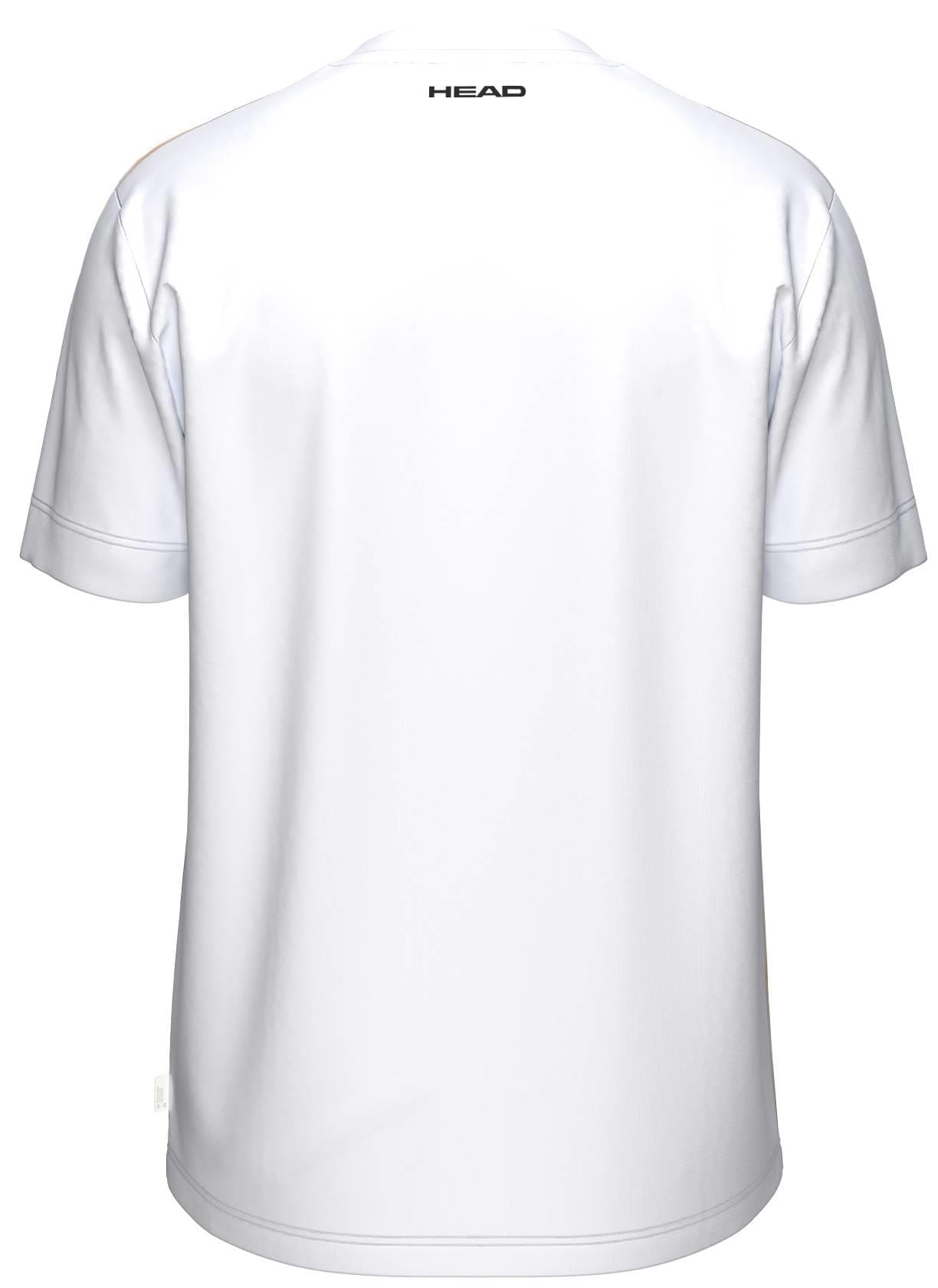Back view of the HEAD Blur Mens Tennis T-Shirt - PUXU in plain white, featuring "HEAD" in black near the collar. This breathable tee offers a simple design with moisture-wicking performance and no visible logos or patterns elsewhere.