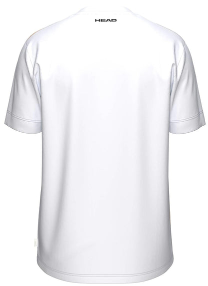 Back view of the HEAD Blur Mens Tennis T-Shirt - PUXU in plain white, featuring "HEAD" in black near the collar. This breathable tee offers a simple design with moisture-wicking performance and no visible logos or patterns elsewhere.