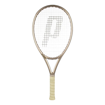 The Prince O3 Legacy 120 2025 Tennis Racket by Prince is beige with a metallic finish, features a large “P” on the strings, TeXtreme technology, large sweetspot, light grip, and is shown against a white background.