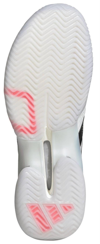 Bottom view of the adidas Barricade 14 Men's WIDE Tennis Shoes in white, showcasing a translucent, wavy tread sole with pink accents by the heel and toe.