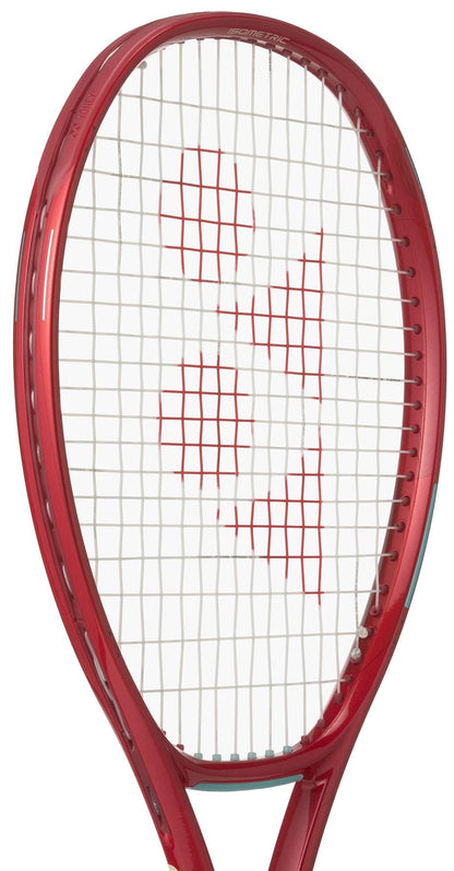 The Yonex VCORE 98 Tour Ruby Red 2026 Tennis Racket delivers maximum spin with its vibrant red design and white strings, perfect for players seeking top court performance.