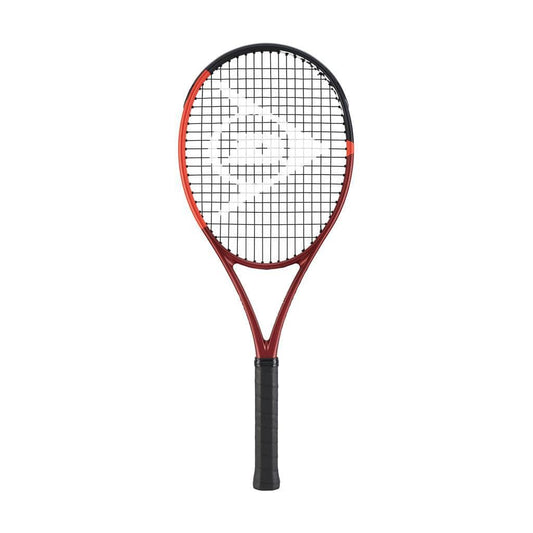 The Dunlop CX Team 100 Tennis Racket - Red by Dunlop is a dark red racket accented with black, featuring a crisscross string pattern perfect for intermediate players. It comes with a black grip tape on the handle, and its design is completed with a white logo on the strings.