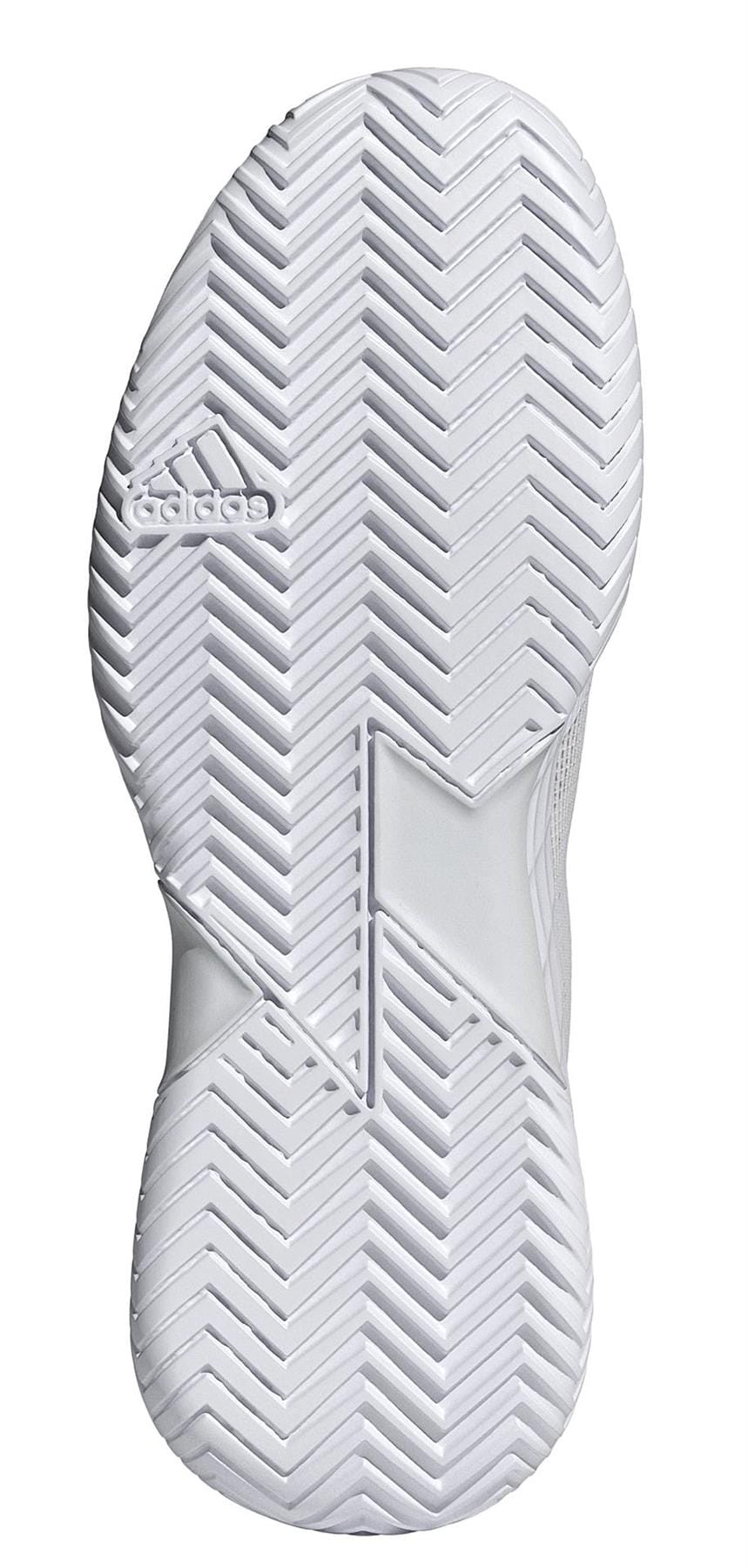 The image displays the textured white sole of the adidas Defiant Speed 2 Women's Tennis Shoes, featuring a herringbone pattern and adidas logo, emphasizing its lightweight design.
