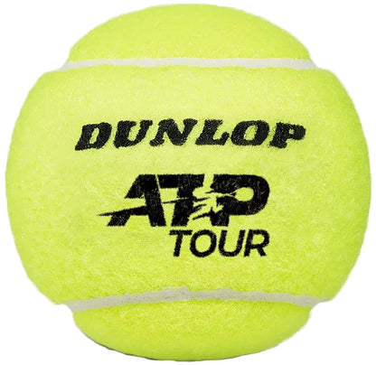 A bright yellow Dunlop ATP Tour Tennis Ball from the 3 Ball Tube features “DUNLOP” and “ATP TOUR” in black on its fuzzy surface, with two white curved seams—ideal for elite, professional-level performance.