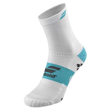 Introducing the Babolat Pro Crew Men's Socks in White and Ceramic Blue. These athletic socks are designed with turquoise-like accents and a black logo, making them perfect for sports players. Featuring ribbed cuffs, a textured foot pattern, and branding on the sides and toe area, these technical socks are ideal for racket sports or any other active wear activities.