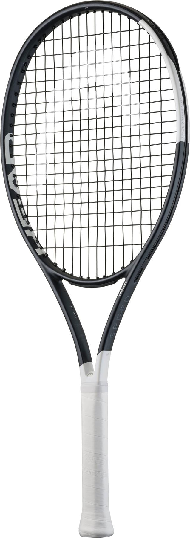 The HEAD Speed Junior 2026 Tennis Racket by HEAD, featuring a black and white design with a white grip, is displayed upright against a plain white background.