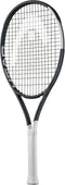 The HEAD Speed Junior 2026 Tennis Racket by HEAD, featuring a black and white design with a white grip, is displayed upright against a plain white background.