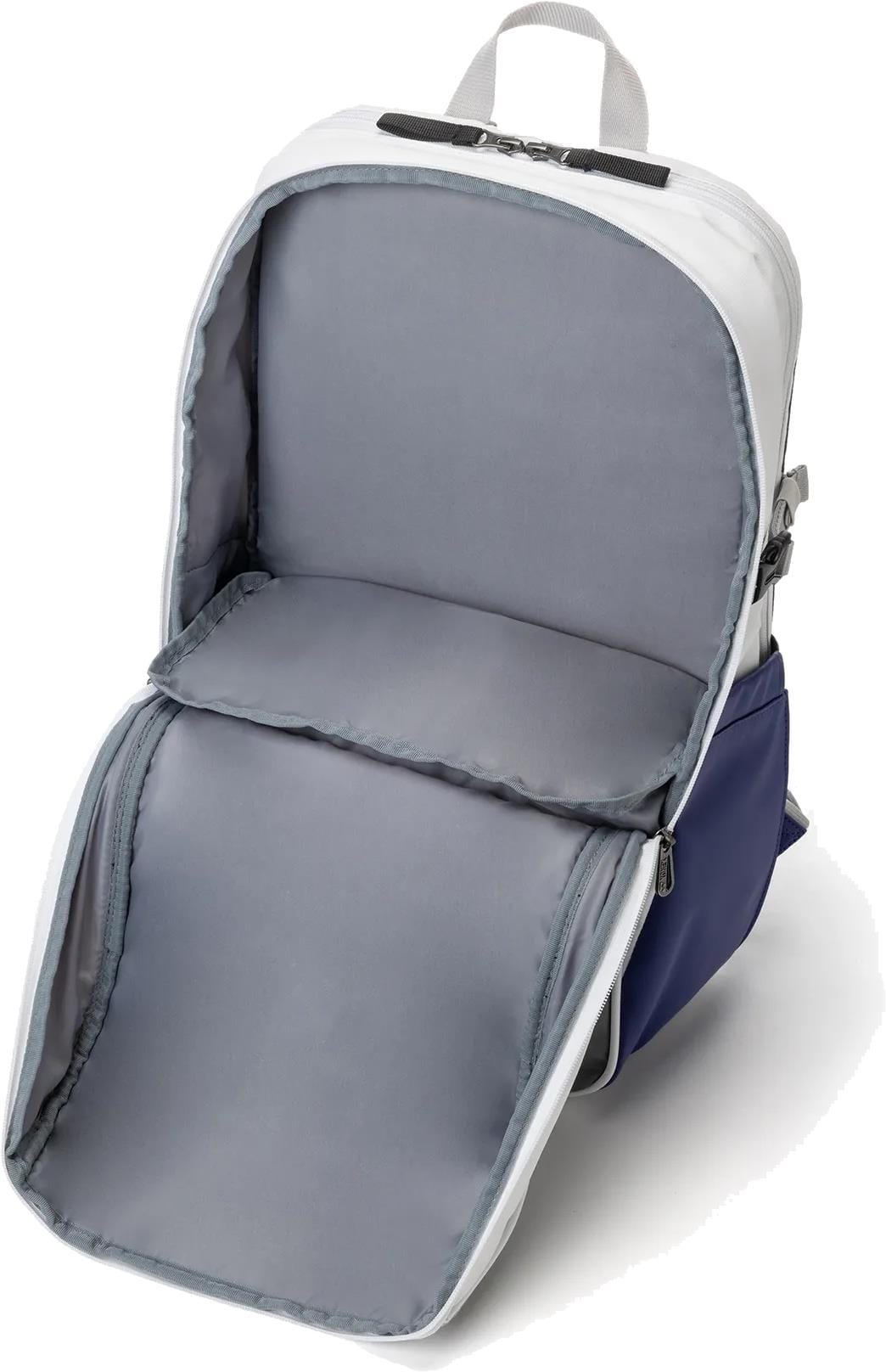 The Yonex BA52512EX Club Tennis Backpack by Yonex features a blue base and white top, with a spacious light gray interior and padded sections for organized storage.