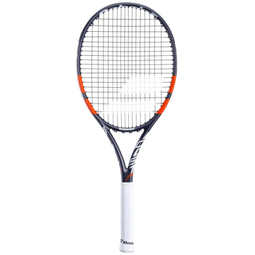 The Babolat Boost Strike 2024 Tennis Racket features a sleek grey frame with striking red accents and a white grip. Engineered for optimal power, its contemporary design highlights a visible string pattern adorned with prominent Babolat branding on the frame.