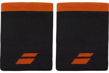 Two Babolat Logo Jumbo Wristbands in black with red accents, side by side against a white background—ideal sweat-absorbing wristbands for tennis players seeking high-performance accessories.