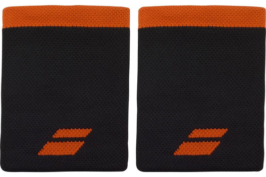 Two Babolat Logo Jumbo Wristbands in black with red accents, side by side against a white background—ideal sweat-absorbing wristbands for tennis players seeking high-performance accessories.