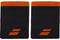 Two Babolat Logo Jumbo Wristbands in black with red accents, side by side against a white background—ideal sweat-absorbing wristbands for tennis players seeking high-performance accessories.