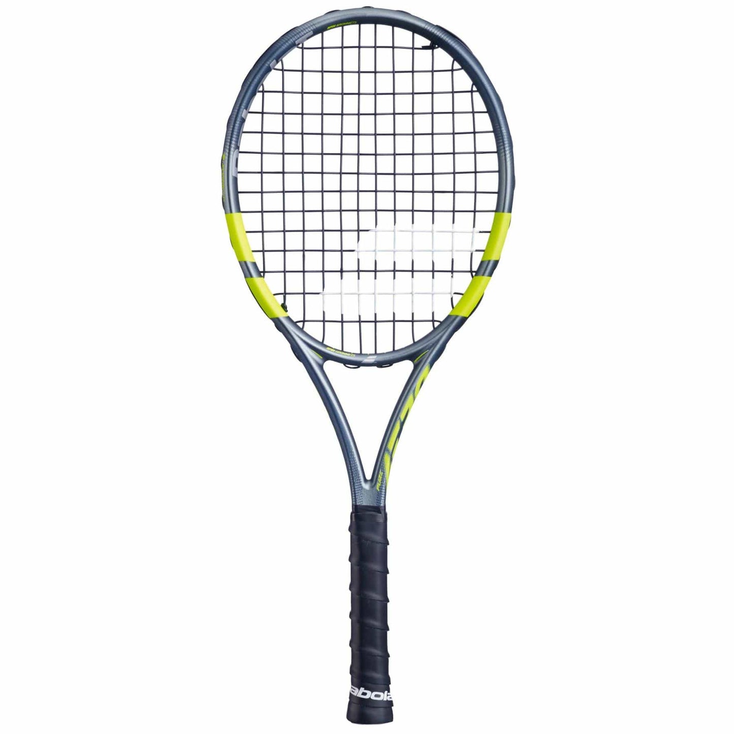 The Babolat Mini Pure Aero 2026 Tennis Racket features a gray and yellow design with black strings and grip, displayed on a white background.
