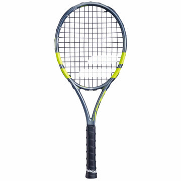 The Babolat Mini Pure Aero 2026 Tennis Racket features a gray and yellow design with black strings and grip, displayed on a white background.