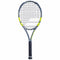 The Babolat Mini Pure Aero 2026 Tennis Racket features a gray and yellow design with black strings and grip, displayed on a white background.