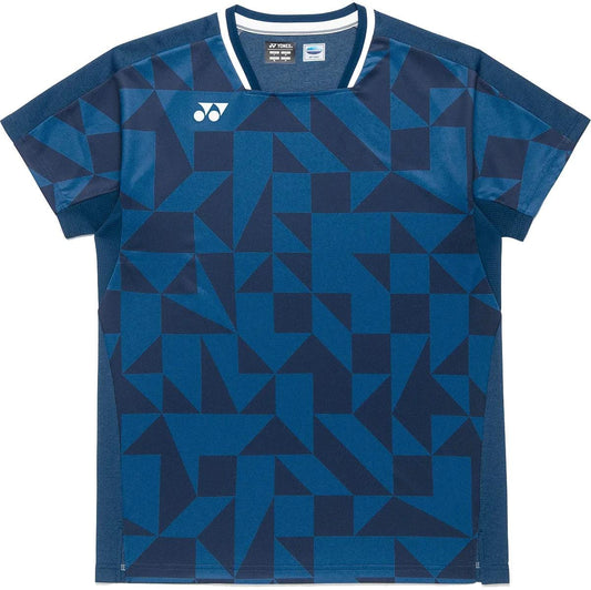 The Yonex 10712YX Crew Neck Men's Tennis T-Shirt in Indigo Blue features a geometric navy pattern, sports performance design, white chest logo, white collar detail, and dark blue side panels.