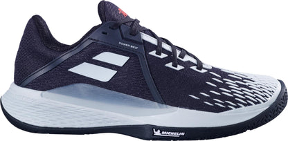 The Babolat Propulse Fury 3 All Court Men's Tennis Shoes in Black/Illusion Blue feature a mesh upper, bold geometric accents, and a textured white sole with the Michelin logo near the arch.