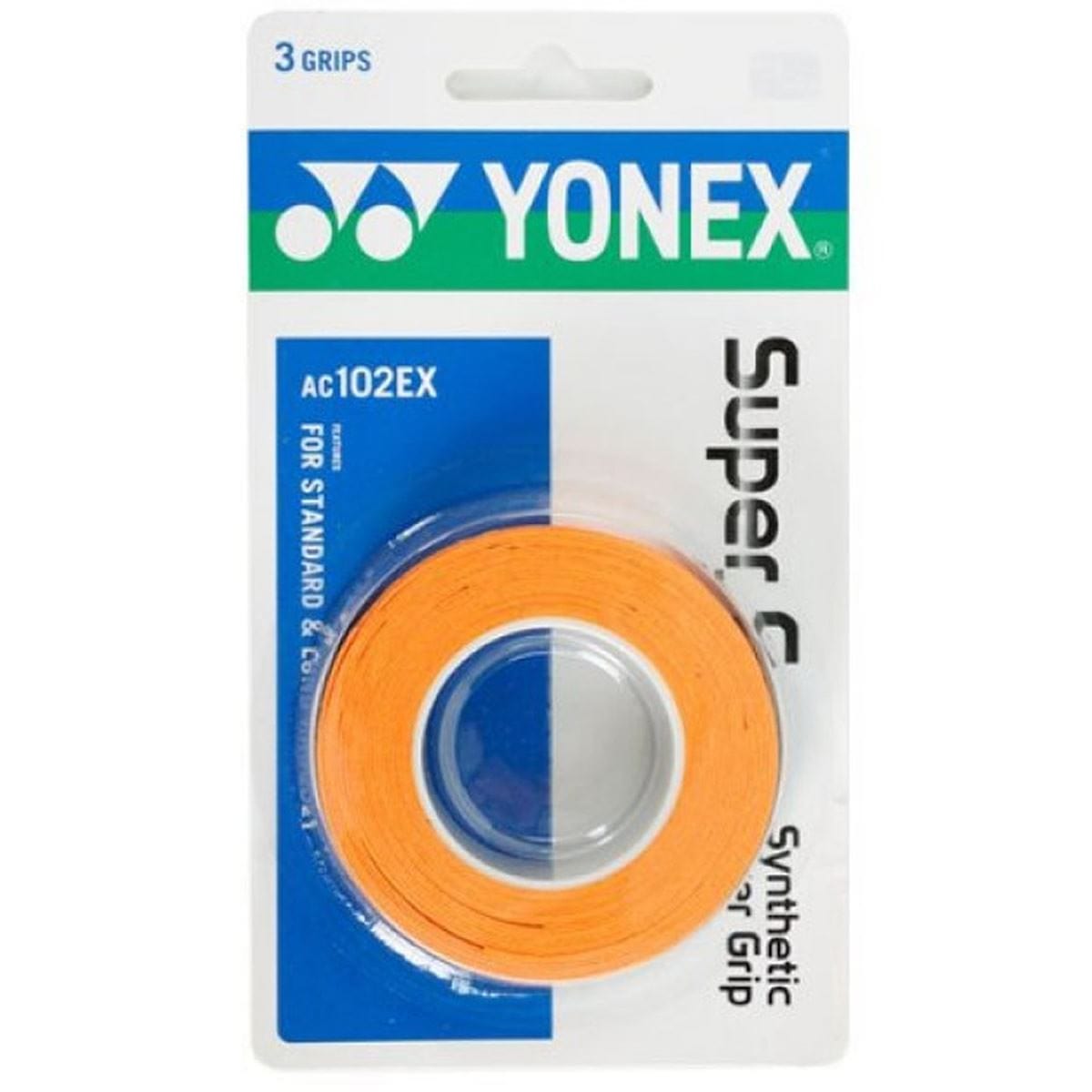 The Yonex AC102EX Super Grap Tennis Overgrip - 3 Pack features orange synthetic grips in clear plastic and cardboard packaging with blue, green, and white accents, branded by Yonex.