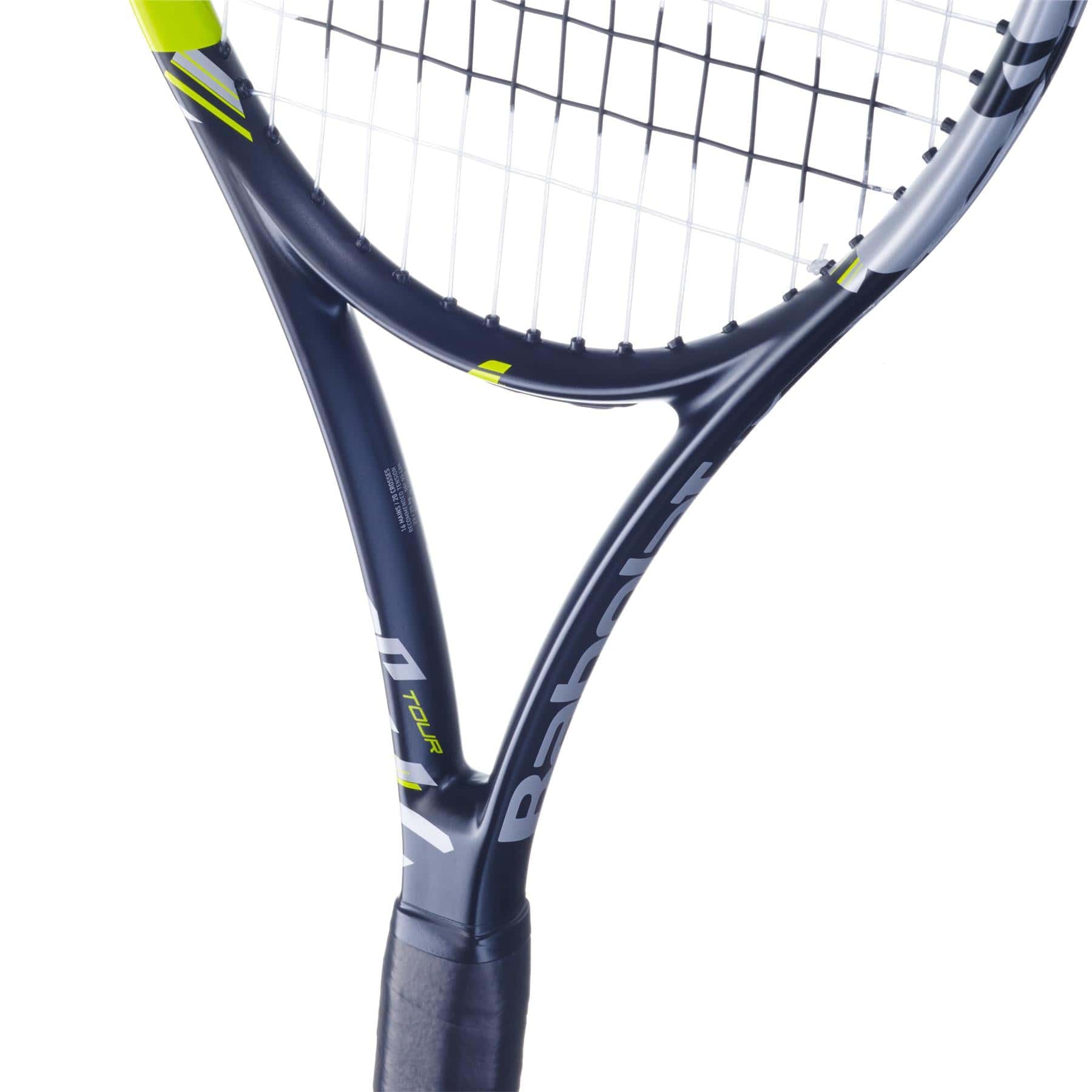 Close-up of a Babolat Pulsion Tour Tennis Racket - Black, showcasing its black and neon yellow color scheme with the Babolat brand name partially visible. The racket features tightly strung strings for enhanced power and a black-wrapped grip. Its design highlights sleek curves and vibrant accents.