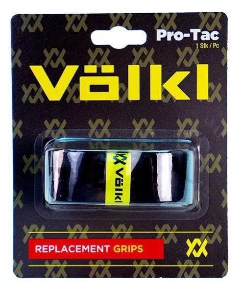 The packaging for the Volkl Pro Tac Replacement Tennis Grip - Black highlights a black grip with yellow branding and promotes its exceptional cushioning due to the polyurethane formula. The package includes Volkl logos along with the phrase "Replacement Grips" on a red label at the bottom.
