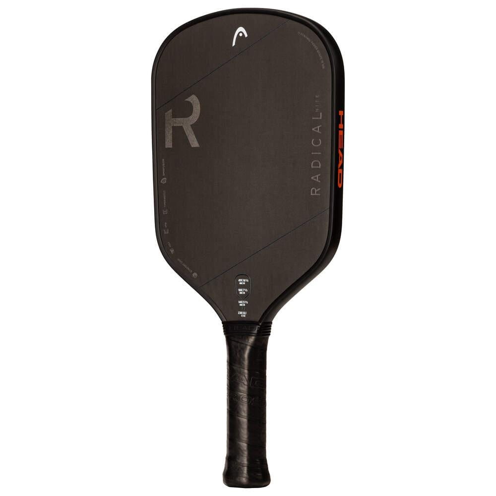 The HEAD Radical Nite Pickleball Paddle - Black features SpinFusion technology, a textured surface, rounded edges, and a comfortable black grip handle.