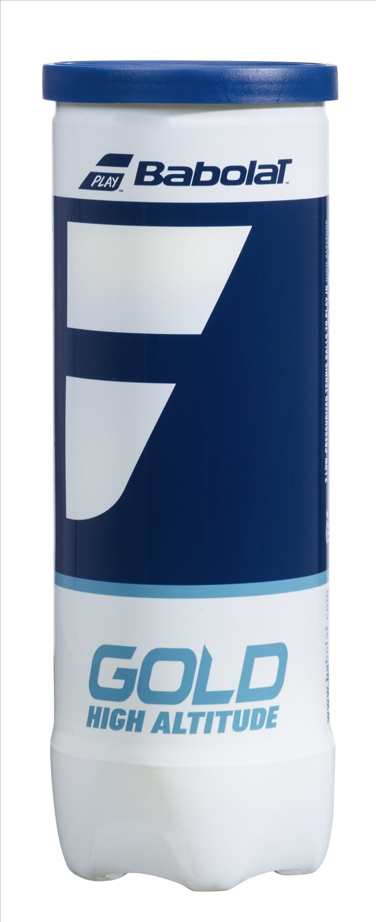 The Babolat EVO Gold High Altitude Tennis Balls, available in a 3-ball tube, feature a blue and white cylindrical design with prominent branding text and logo, providing pressurized performance for optimal play.