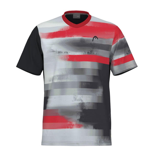 The HEAD Vision Topspin Men's Tennis T-Shirt - BKXV is a short-sleeved, v-neck shirt made from Moisture Transfer Microfiber. It features an abstract pattern of red, gray, and black brush strokes. The left sleeve is solid black, and a small logo is placed near the collar on the breathable mesh front.