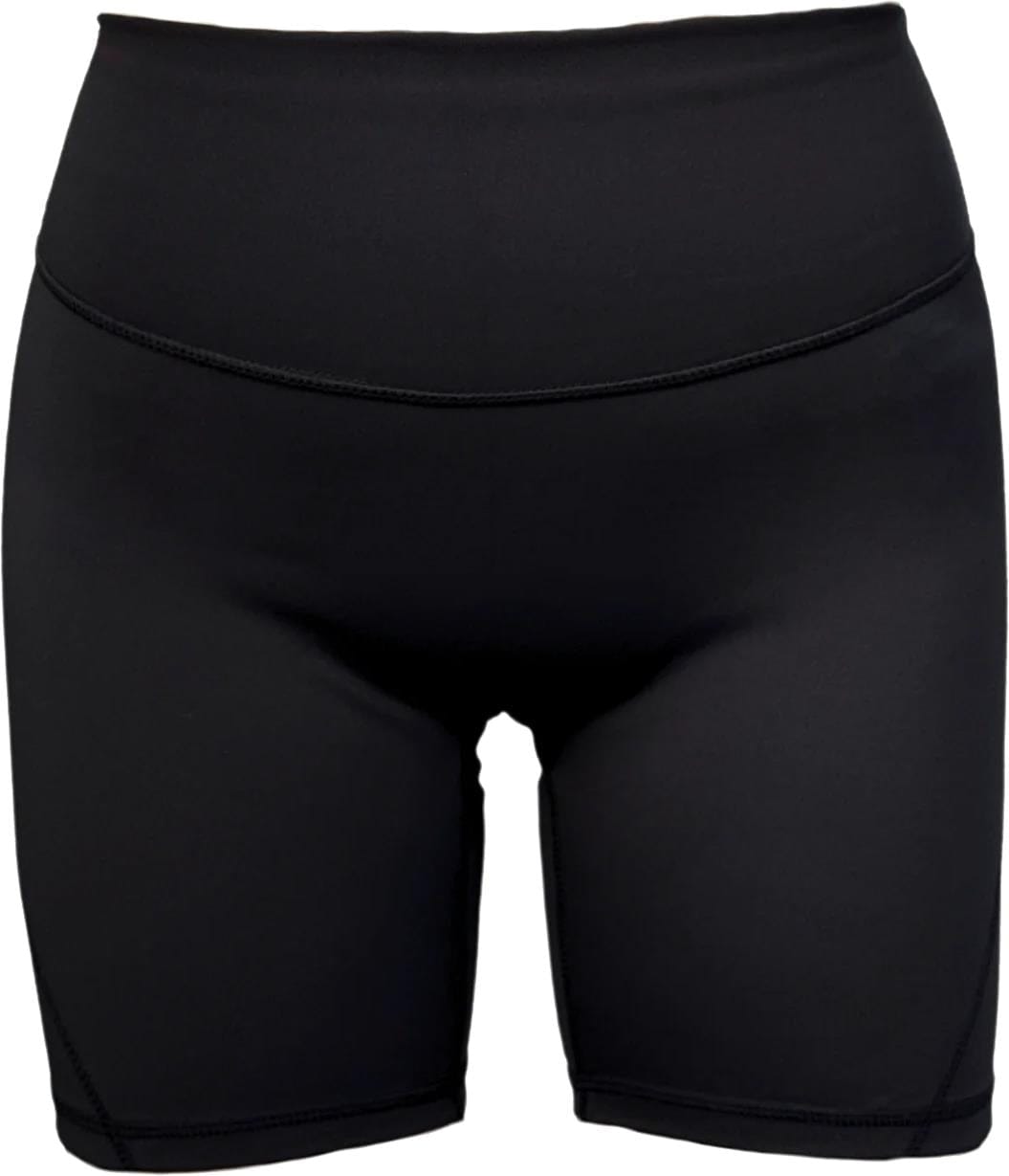The Yonex YTS2024 Womens Core Tennis Shorts in black are high-waisted, form-fitting, and made from moisture-wicking fabric, shown against a white background.
