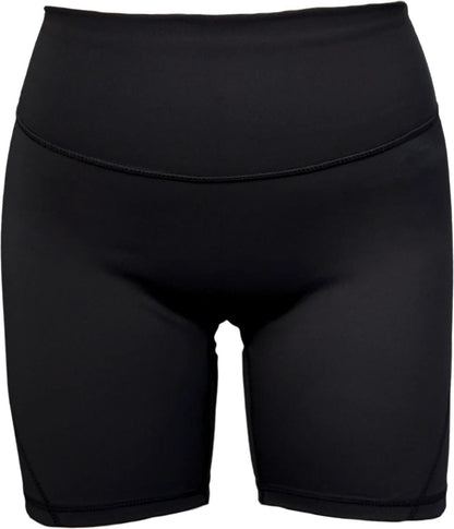 The Yonex YTS2024 Womens Core Tennis Shorts in black are high-waisted, form-fitting, and made from moisture-wicking fabric, shown against a white background.
